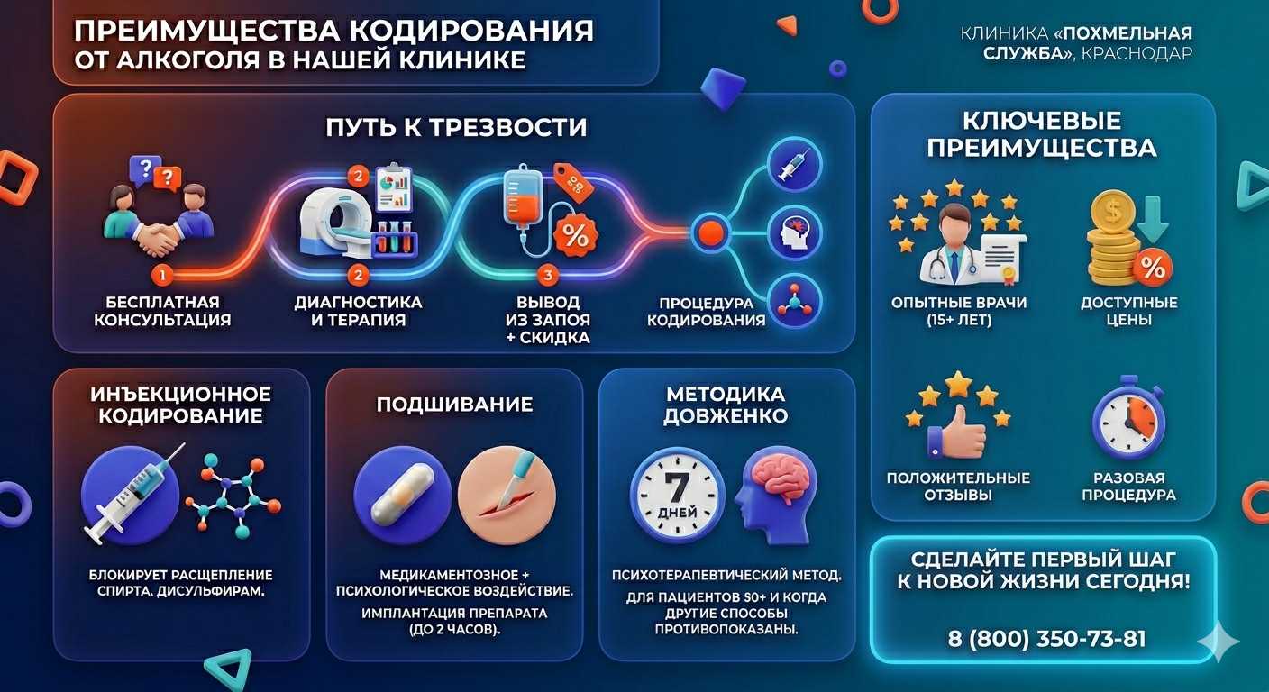 Инфографика о методах кодирования от алкоголя в Салавате: инъекции, подшивание, метод Довженко. Преимущества клиники и этапы лечения.