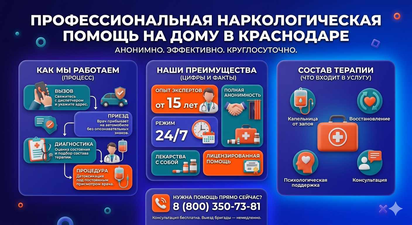 Инфографика о принципах лечения алкоголизма на дому в Салавате: этапы вызова нарколога, преимущества анонимной детоксикации и состав медицинской помощи.